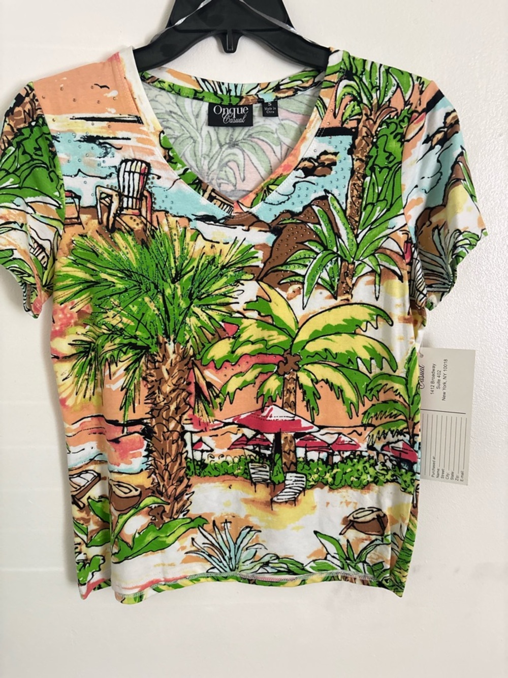 Onque Casuals Tropical Palm V-Neck Tee in Green, Peach & Aqua